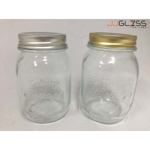 Mason 500ml. Silver,Gold - Transparent Glass Bottles, Cover Gold, Cover Silver, 17oz.